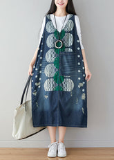 Elegante vestido vaquero sin mangas con estampado de lunares y cuello en V azul